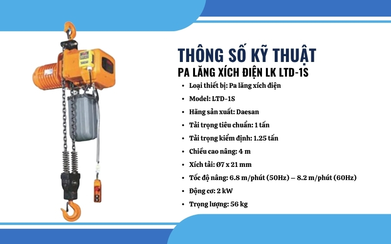 Thông số kỹ thuật của pa lăng xích điện LK LTD-1S