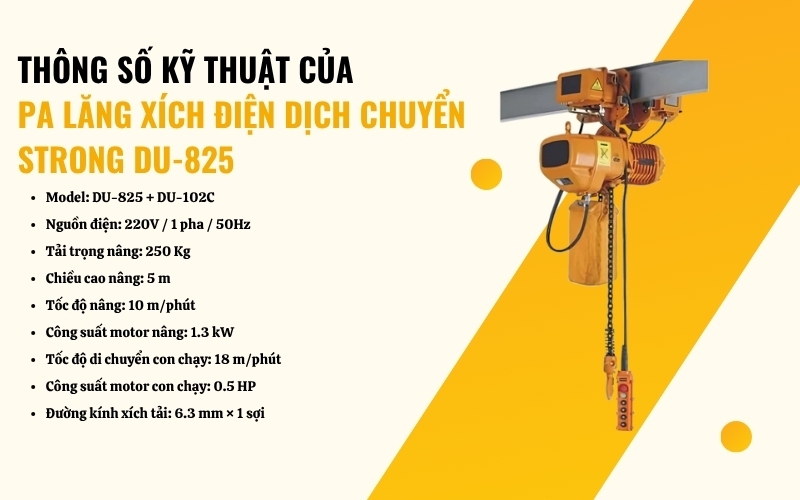 Thông số kỹ thuật của pa lăng xích điện dịch chuyển STRONG DU-825
