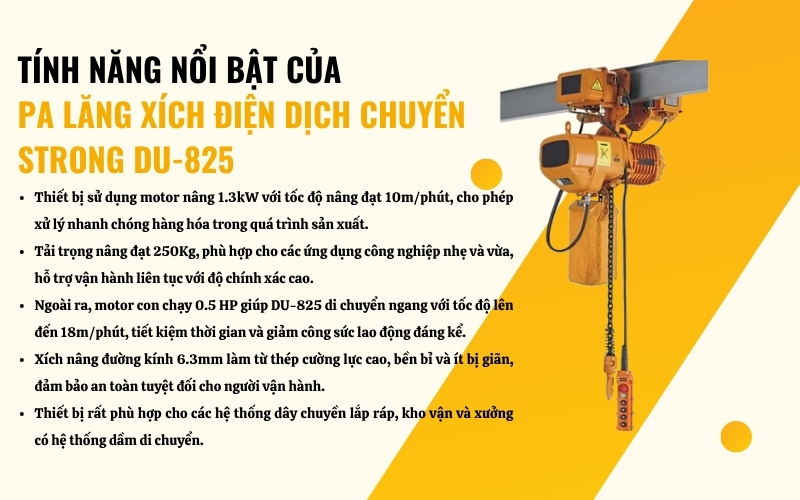 Tính năng nổi bật của pa lăng xích điện dịch chuyển STRONG DU-825