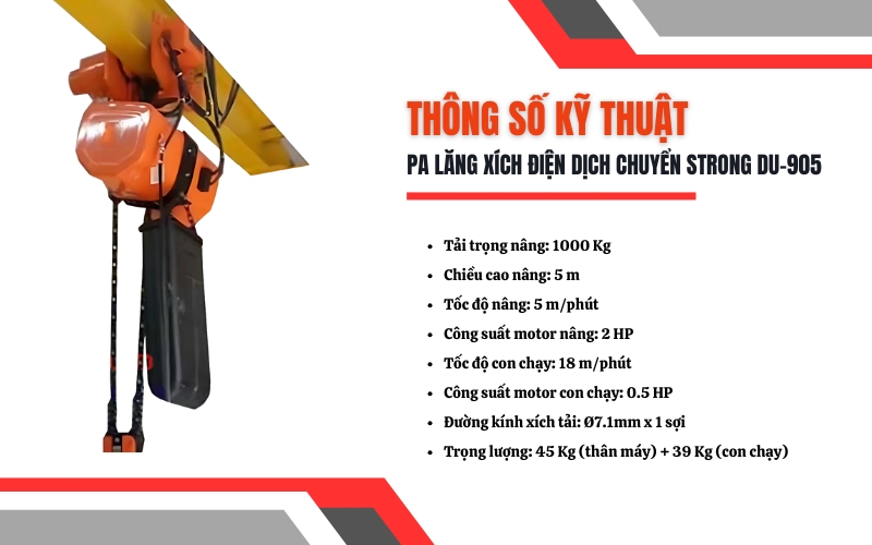 Thông số kỹ thuật của pa lăng xích điện dịch chuyển Strong DU-905