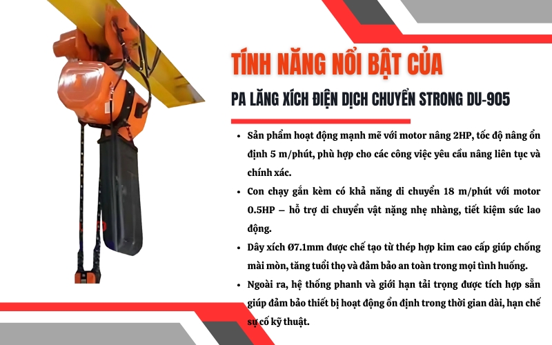 Tính năng nổi bật của pa lăng xích điện dịch chuyển Strong DU-905