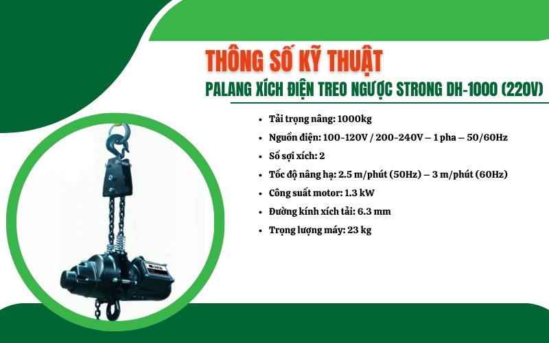 Thông số kỹ thuật của palang xích điện treo ngược Strong DH-1000