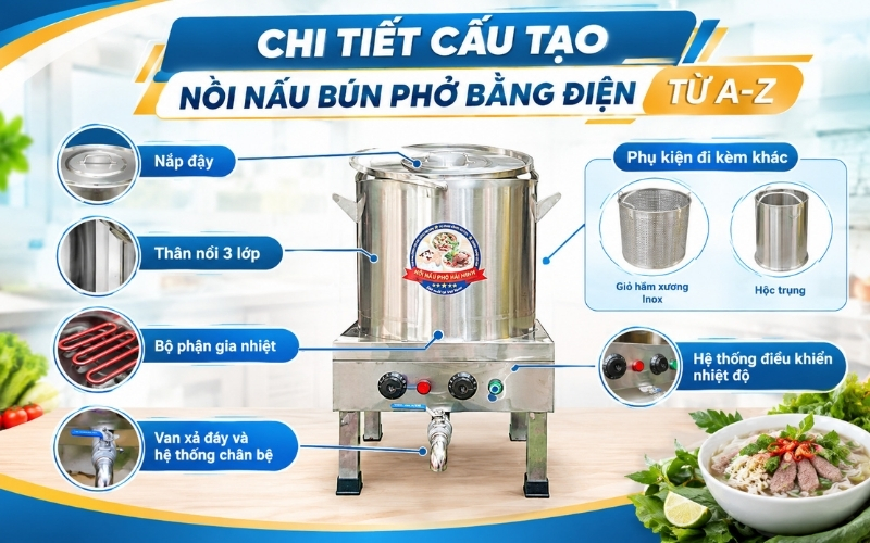 Chi tiết cấu tạo nồi nấu bún phở bằng điện từ A-Z