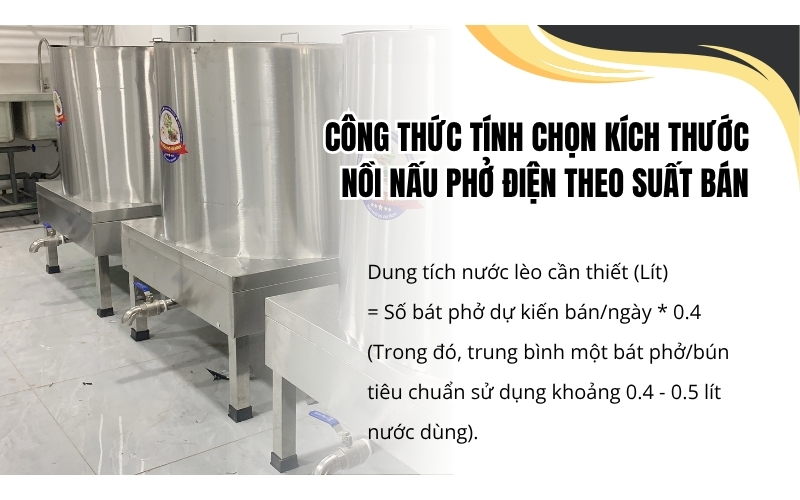 Công thức tính chọn kích thước nồi nấu phở điện theo suất bán