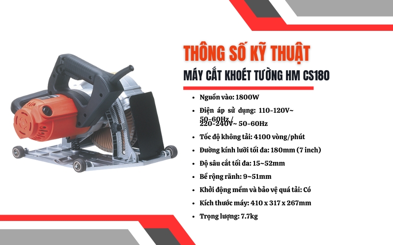 Thông số kỹ thuật của máy cắt khoét tường HM CS180