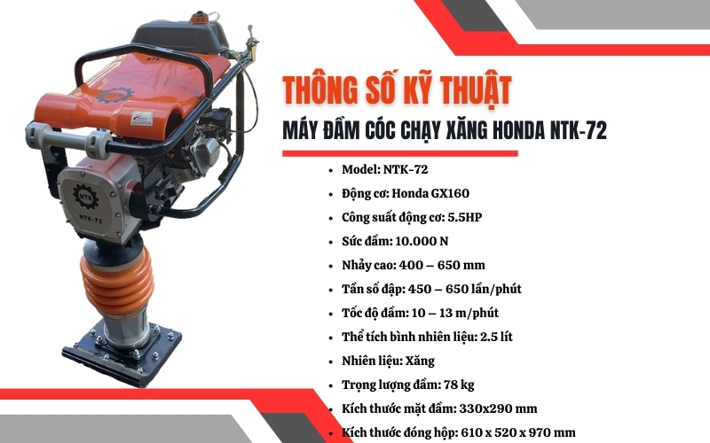 Thông số kỹ thuật máy đầm cóc chạy xăng Honda NTK-72