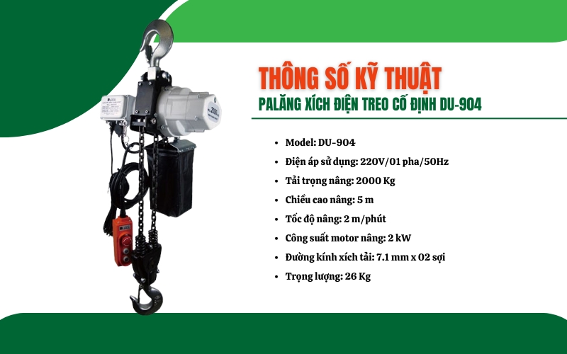 Thông số kỹ thuật của Palăng Xích điện treo cố định DU-904
