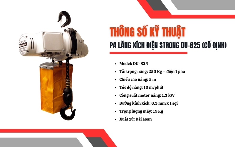 Thông số kỹ thuật của Pa lăng xích điện STRONG DU-825 (cố định)
