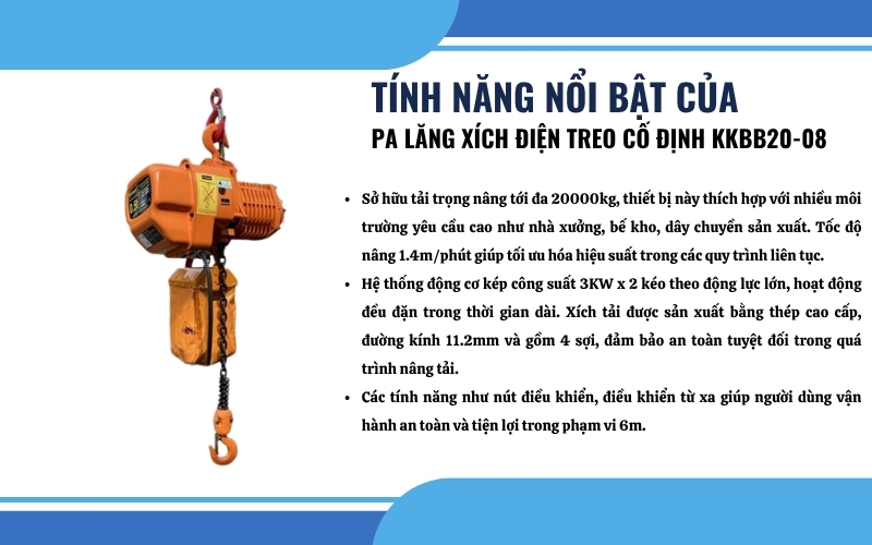 Tính năng nổi bật của Pa lăng xích điện treo cố định KKBB20-08
