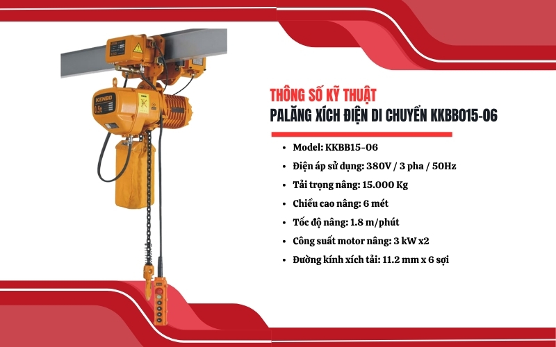 Thông số kỹ thuật của Palăng xích điện di chuyển KKBB015-06