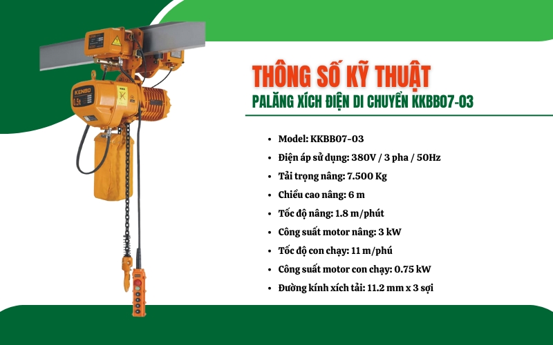  Thông số kỹ thuật của Palăng xích điện di chuyển KKBB07-03