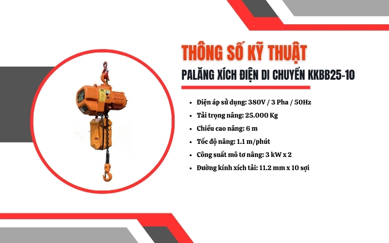 Thông số kỹ thuật của Palăng xích điện di chuyển KKBB25-10