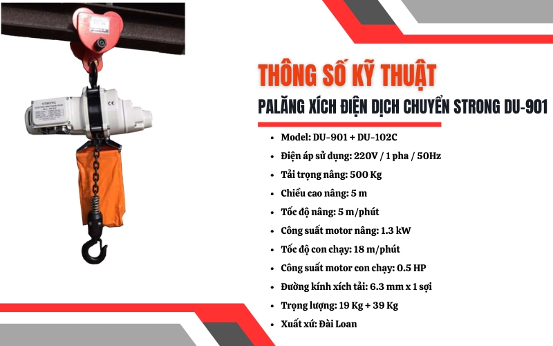 Thông số kỹ thuật của Palăng xích điện dịch chuyển Strong DU-901
