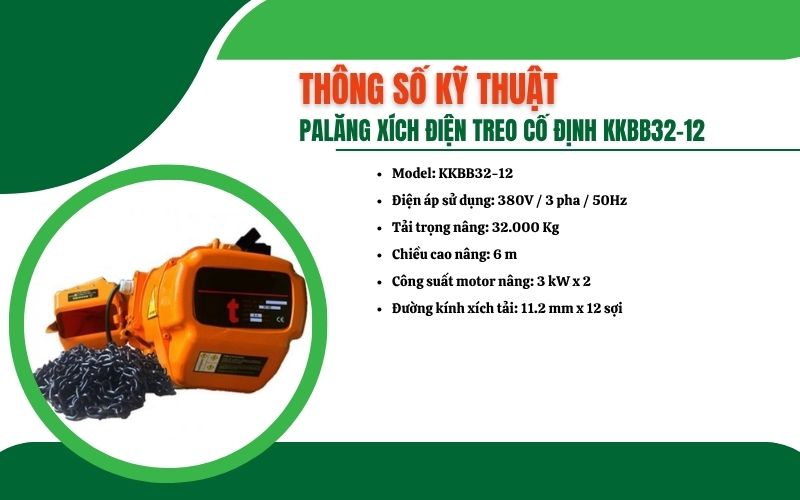 Thông số kỹ thuật của Palăng xích điện treo cố định KKBB32-12