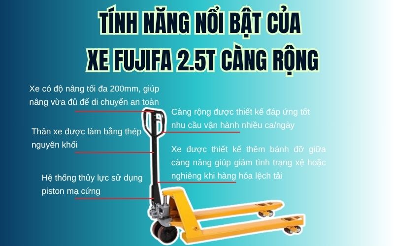Tính năng nổi bật của xe nâng tay thấp FUJIFA 2.5T càng rộng